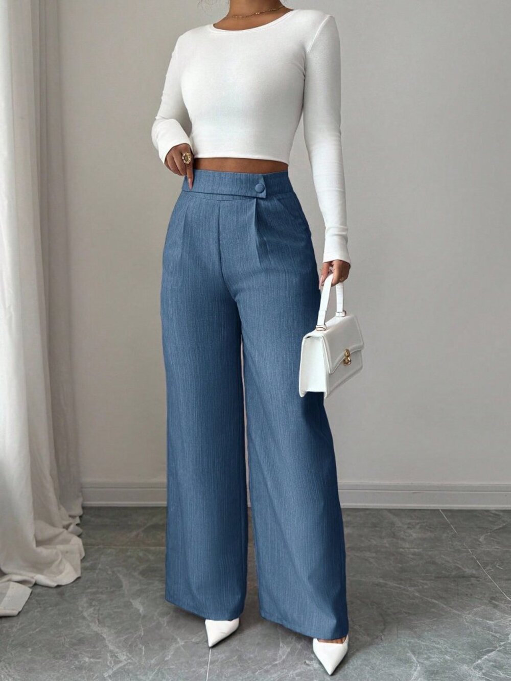 blue Casual Women's Work Office Loose Flowy Straight Leg Pants - Picture 6 of 7